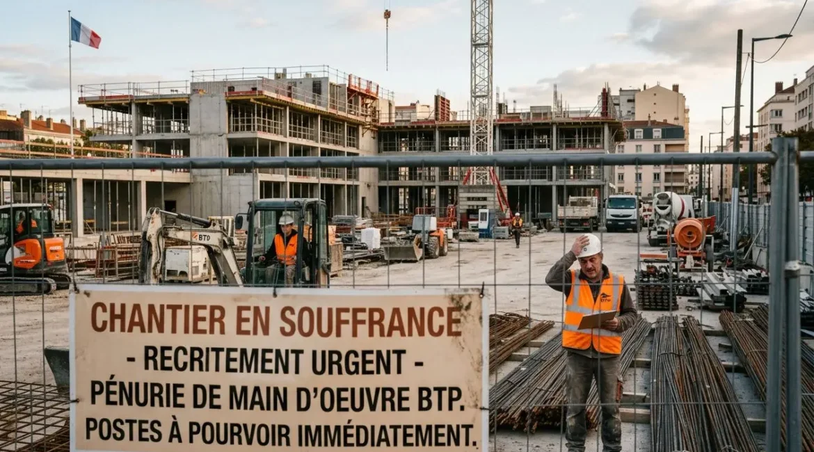Chantier de bâtiment en progression avec panneau indiquant une pénurie de main-d’œuvre BTP et recrutement urgent, travailleurs en sécurité et banches sur le site.