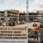 Chantier de bâtiment en progression avec panneau indiquant une pénurie de main-d’œuvre BTP et recrutement urgent, travailleurs en sécurité et banches sur le site.