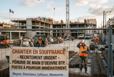 Chantier de bâtiment en progression avec panneau indiquant une pénurie de main-d’œuvre BTP et recrutement urgent, travailleurs en sécurité et banches sur le site.