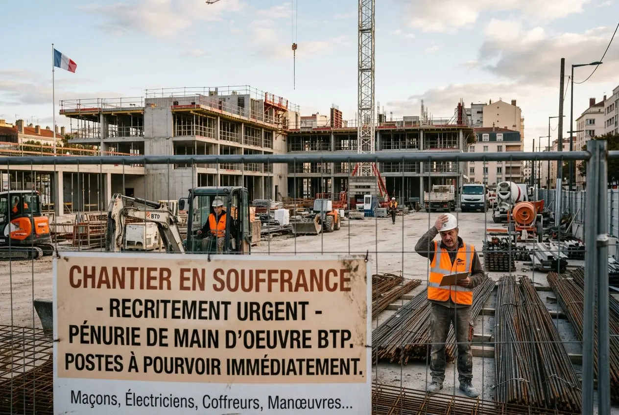 Chantier de bâtiment en progression avec panneau indiquant une pénurie de main-d’œuvre BTP et recrutement urgent, travailleurs en sécurité et banches sur le site.