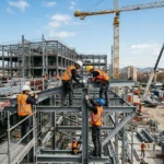 Chantier de construction avec des ouvriers en harnais horizontaux sur une structure métallique, grues et équipements, illustration du détachement travailleurs construction.