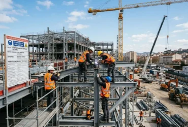 Chantier de construction avec des ouvriers en harnais horizontaux sur une structure métallique, grues et équipements, illustration du détachement travailleurs construction.