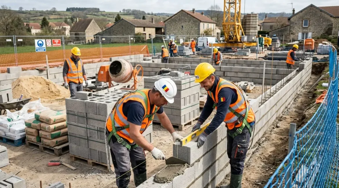 Deux ouvriers en sécurité sur un chantier BTP posant des parpaings, avec une grue et d’autres travailleurs en arrière-plan. agence intérim btp construction intégrée naturellement.
