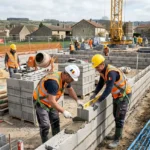 Deux ouvriers en sécurité sur un chantier BTP posant des parpaings, avec une grue et d’autres travailleurs en arrière-plan. agence intérim btp construction intégrée naturellement.