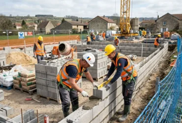 Deux ouvriers en sécurité sur un chantier BTP posant des parpaings, avec une grue et d’autres travailleurs en arrière-plan. agence intérim btp construction intégrée naturellement.