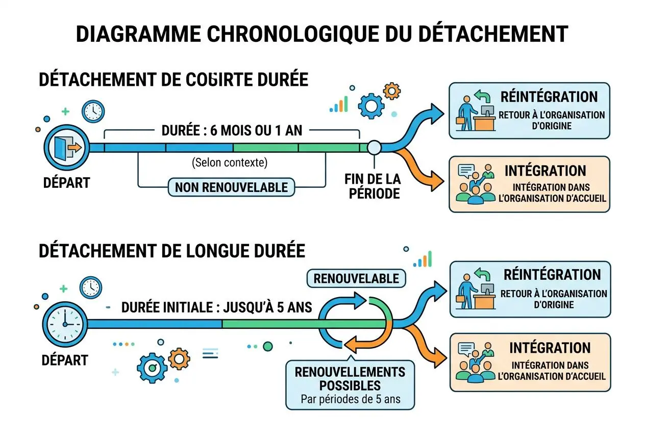 Diagramme chronologique du détachement: parcours de courte durée et options de réintégration ou d’intégration des personnels soignants.