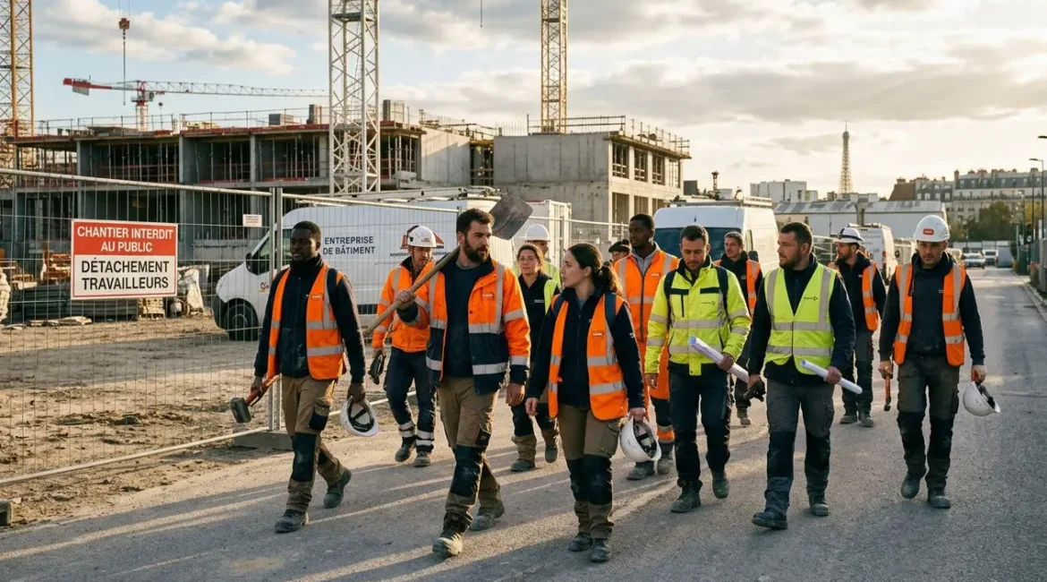 Groupe de travailleurs en gilets orange et casques sur un chantier, près d’un panneau « Détachement travailleurs » et d’équipements de construction. | détachement de travailleurs en france