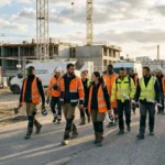 Groupe de travailleurs en gilets orange et casques sur un chantier, près d’un panneau « Détachement travailleurs » et d’équipements de construction. | détachement de travailleurs en france