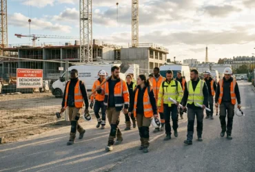 Groupe de travailleurs en gilets orange et casques sur un chantier, près d’un panneau « Détachement travailleurs » et d’équipements de construction. | détachement de travailleurs en france