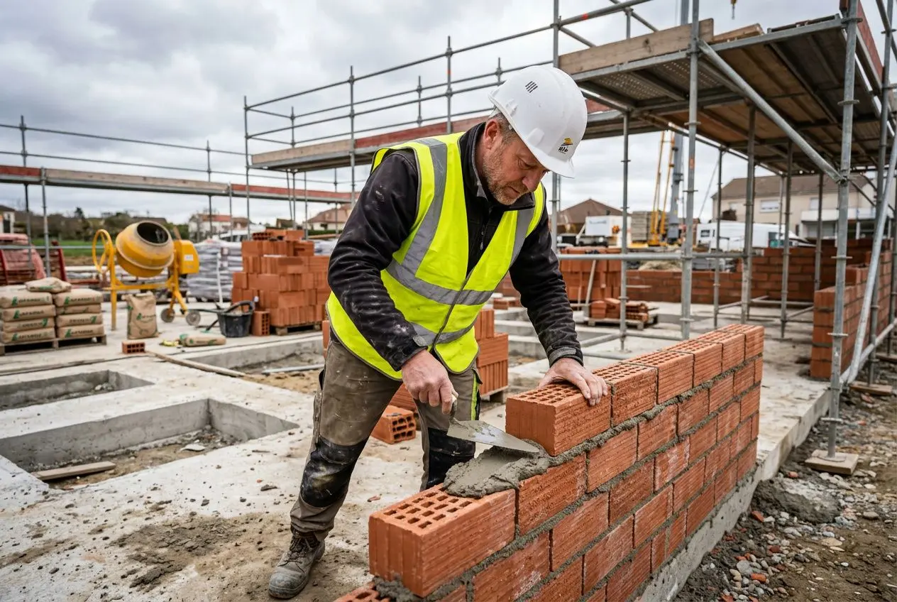 Homme en casque et gilet jaune pose des briques rouges sur un mur en construction, chantier avec échafaudage en arrière-plan. trouver un maçon qualifié.