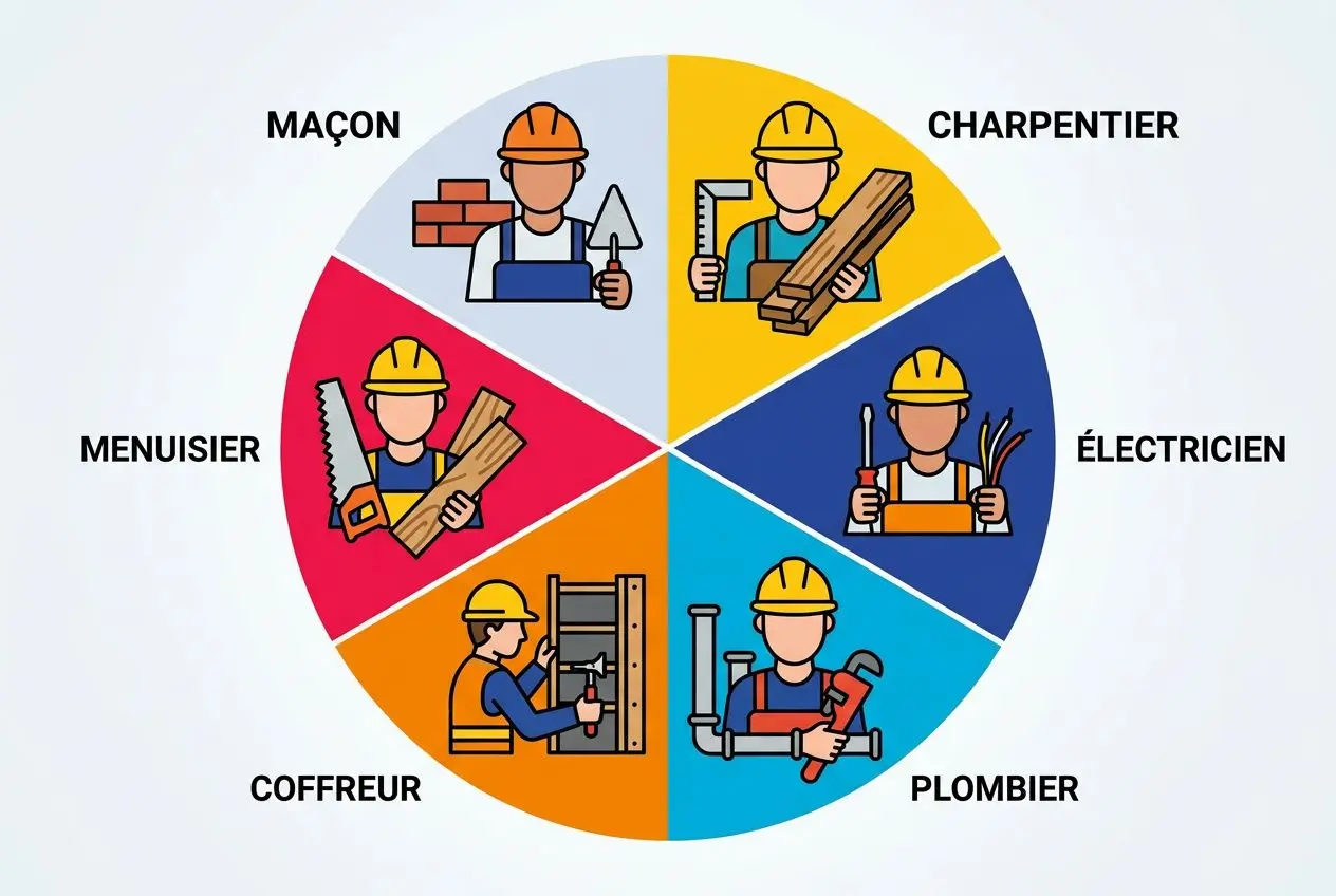 Illustration circulaire montrant différents métiers du BTP (maçon, charpentier, électricien, plombier, coffreur, menuisier) avec des ouvriers portant casques et outils - agence intérim btp construction.