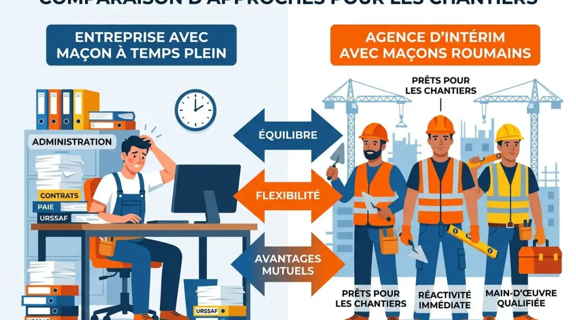 Illustration comparant deux approches pour les chantiers: bureau administratif à gauche et équipe de maçons qualifiés à droite, avec flèches et labels “équilibre”, “flexibilité” et “avantages mutuels”.