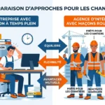 Illustration comparant deux approches pour les chantiers: bureau administratif à gauche et équipe de maçons qualifiés à droite, avec flèches et labels “équilibre”, “flexibilité” et “avantages mutuels”.
