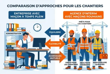 Illustration comparant deux approches pour les chantiers: bureau administratif à gauche et équipe de maçons qualifiés à droite, avec flèches et labels “équilibre”, “flexibilité” et “avantages mutuels”.