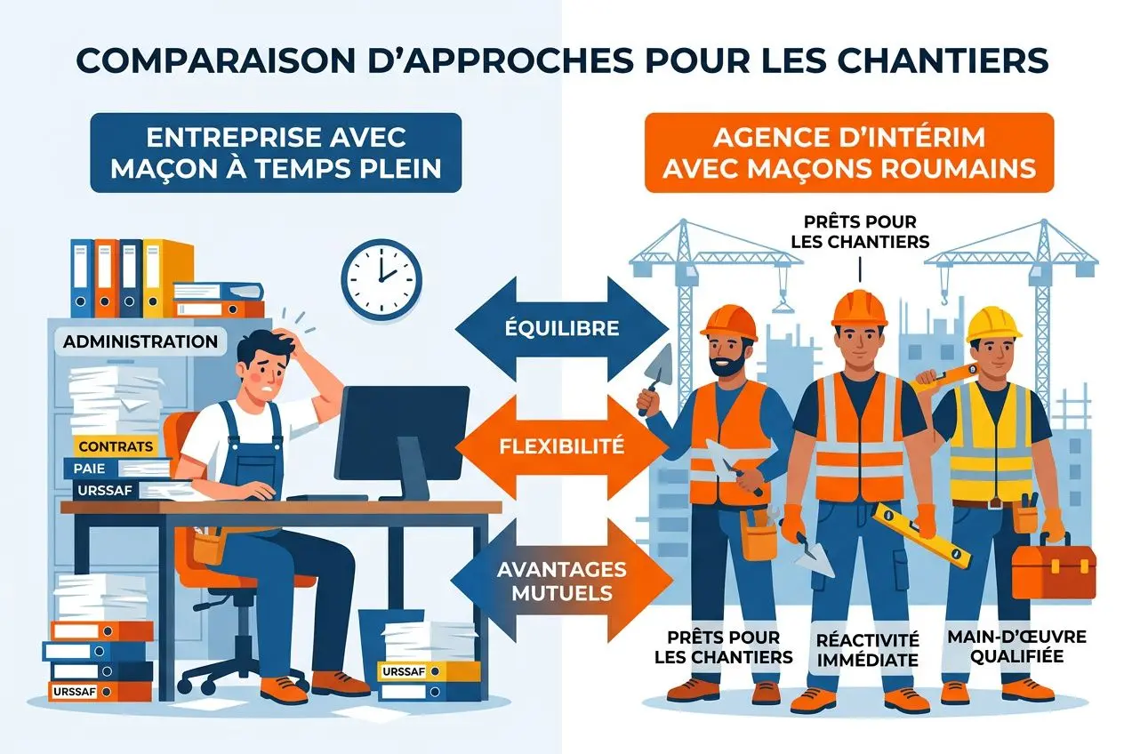 Illustration comparant deux approches pour les chantiers: bureau administratif à gauche et équipe de maçons qualifiés à droite, avec flèches et labels “équilibre”, “flexibilité” et “avantages mutuels”.