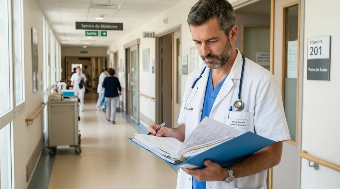 Médecin en blouse blanche dans un couloir d'hôpital, examinant et notant des documents, près des postes de soins. Détachement de personnels soignants intégré naturellement.