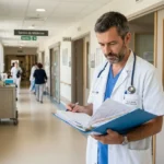 Médecin en blouse blanche dans un couloir d'hôpital, examinant et notant des documents, près des postes de soins. Détachement de personnels soignants intégré naturellement.