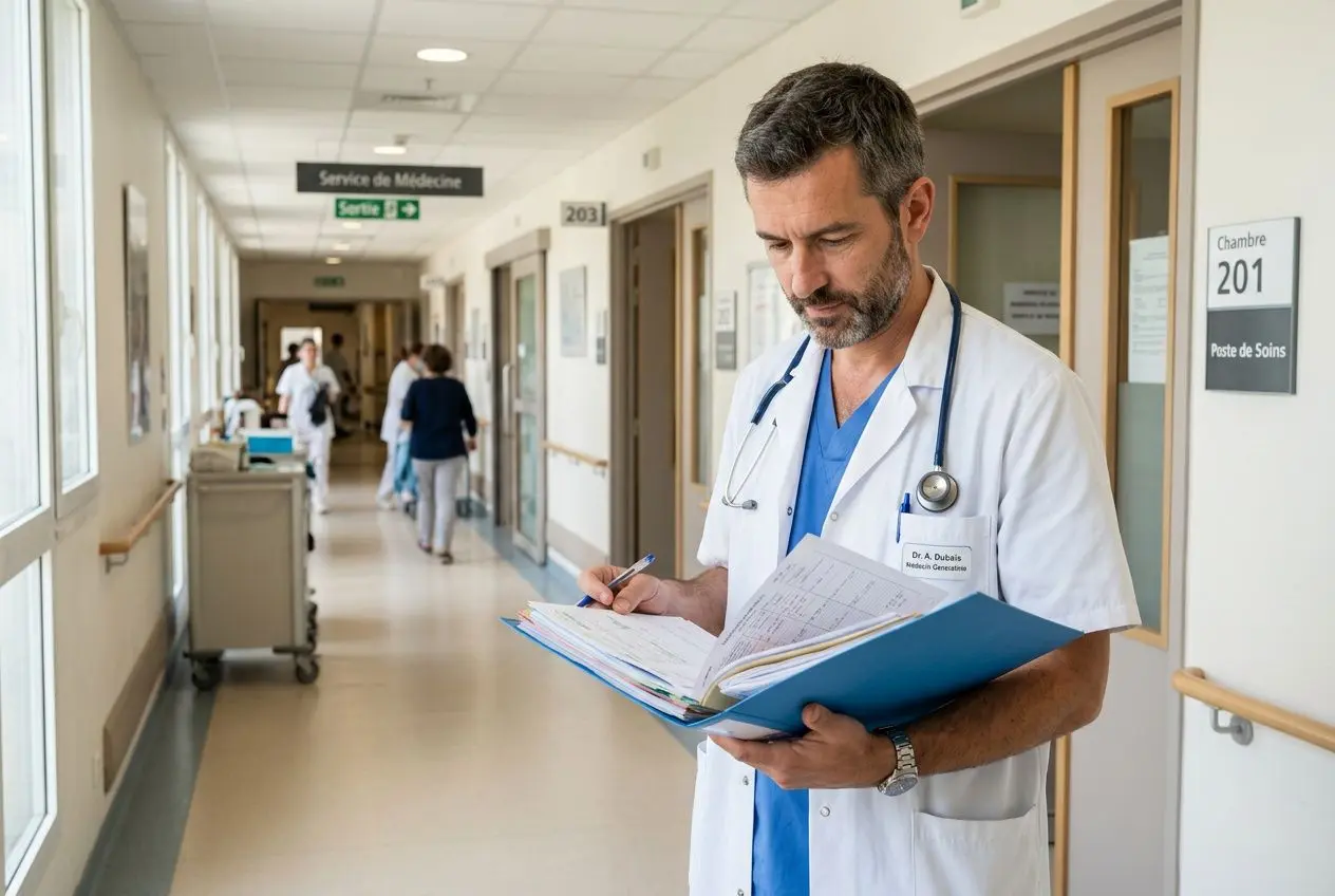 Médecin en blouse blanche dans un couloir d'hôpital, examinant et notant des documents, près des postes de soins. Détachement de personnels soignants intégré naturellement.