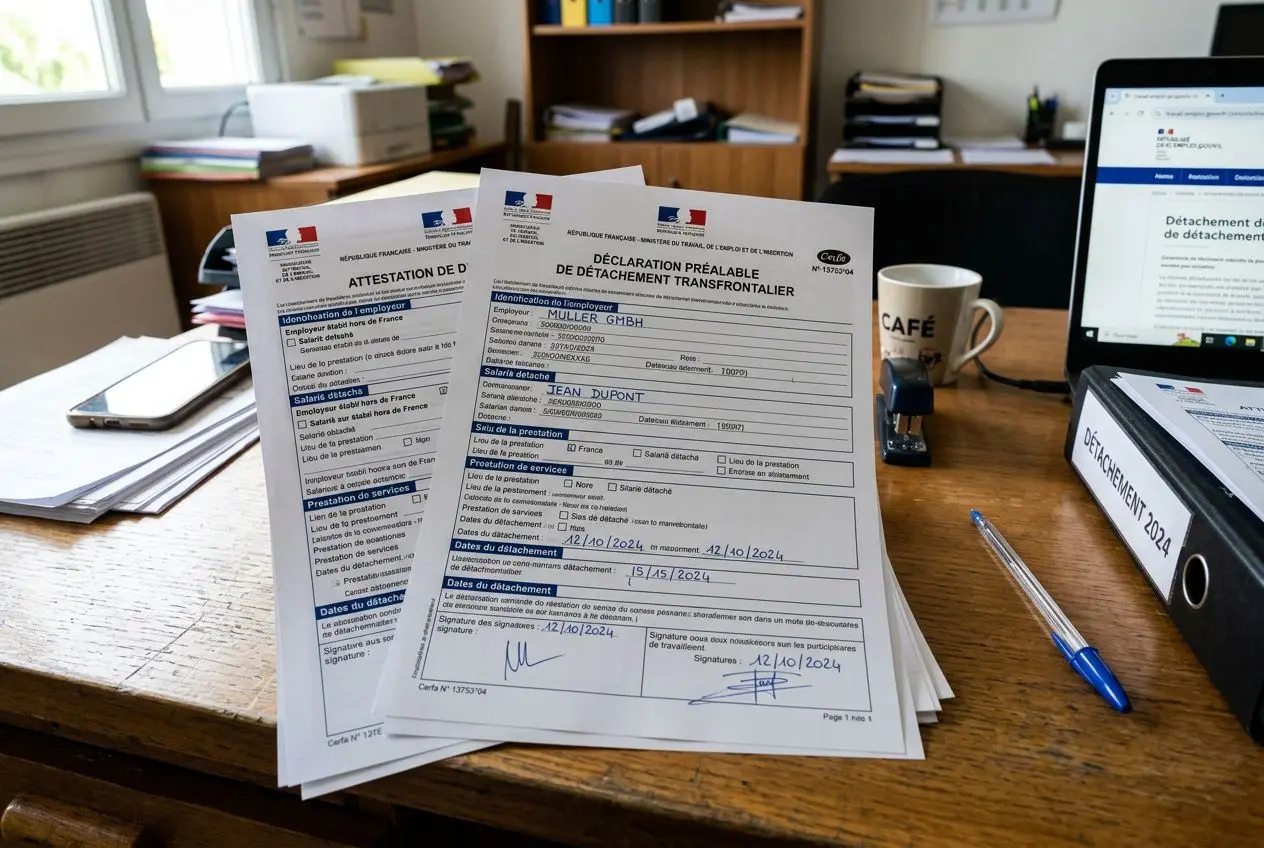 Papiers administratifs et formulaire de détachement de travailleurs, sur un bureau avec ordinateur et tasse, illustration du détachement de travailleurs en France.