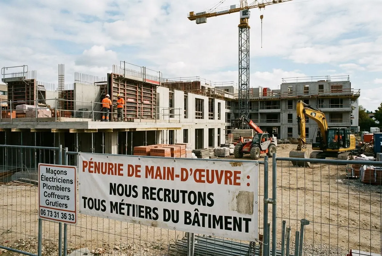 Pénurie de main-d’œuvre dans le BTP: panneau sur un chantier indiquant « Nous recrutons tous métiers du bâtiment » avec grues et ouvriers en arrière-plan.