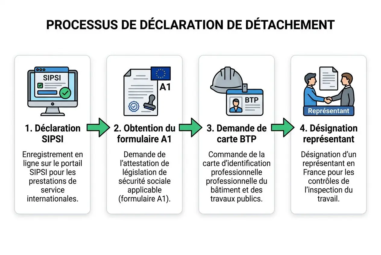 Processus de déclaration de détachement : quatre étapes illustrées pour les démarches du détachement travailleurs construction (SIPS, formulaire A1, carte BTP, représentation).