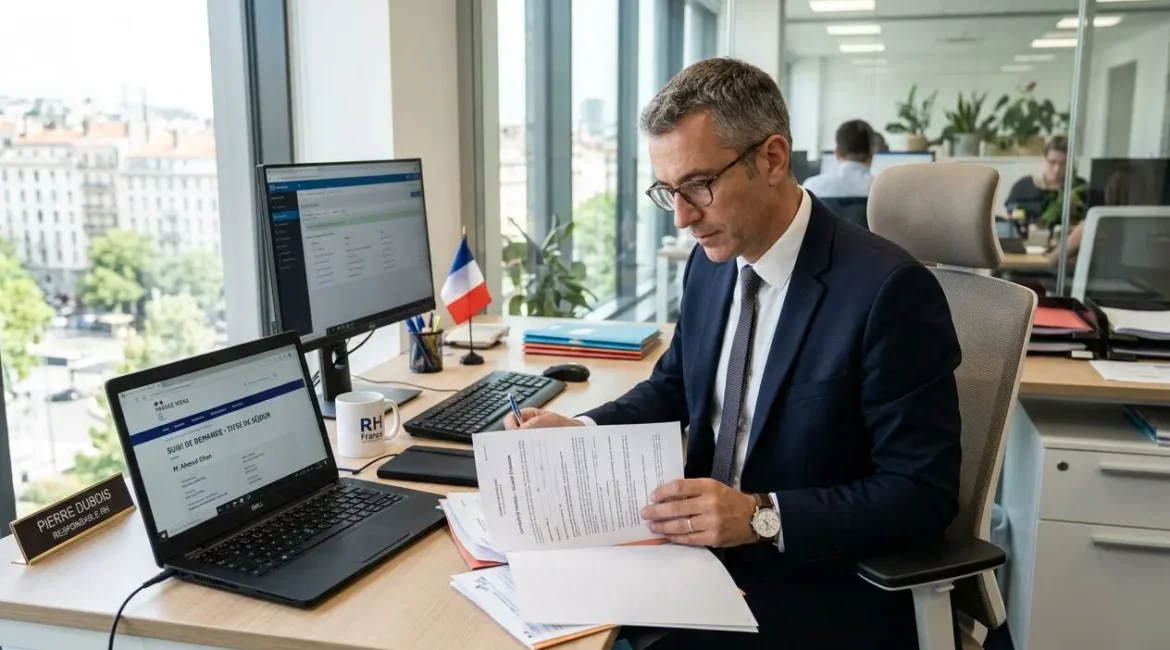 Agent en bureau, devant écran et documents, préparant une demande d'autorisation de travail pour un salarié étranger.