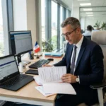 Agent en bureau, devant écran et documents, préparant une demande d'autorisation de travail pour un salarié étranger.