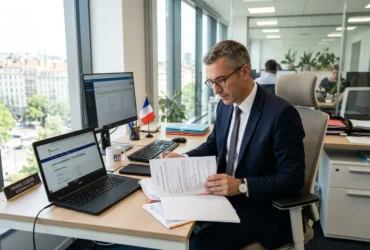 Agent en bureau, devant écran et documents, préparant une demande d'autorisation de travail pour un salarié étranger.
