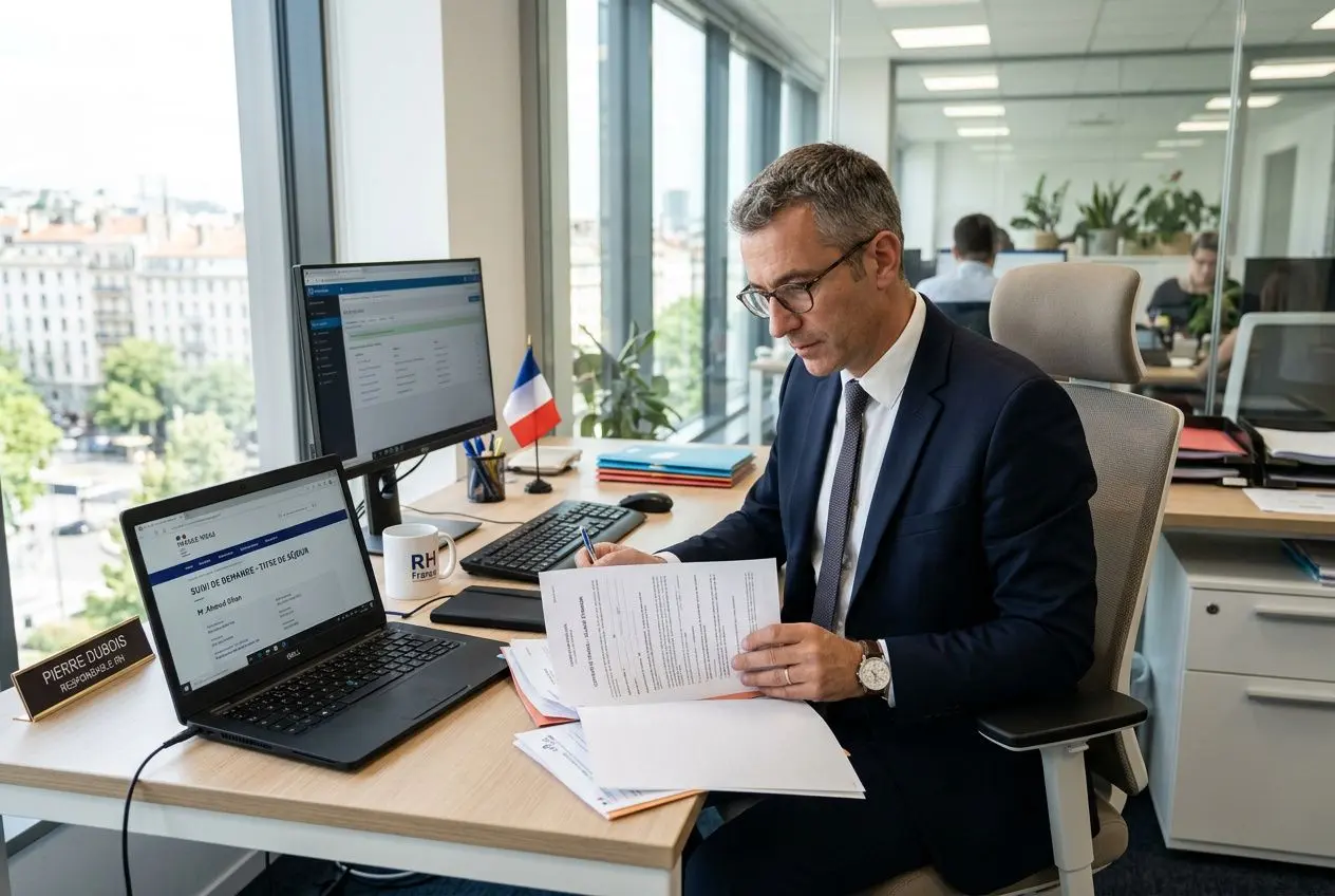 Agent en bureau, devant écran et documents, préparant une demande d'autorisation de travail pour un salarié étranger.