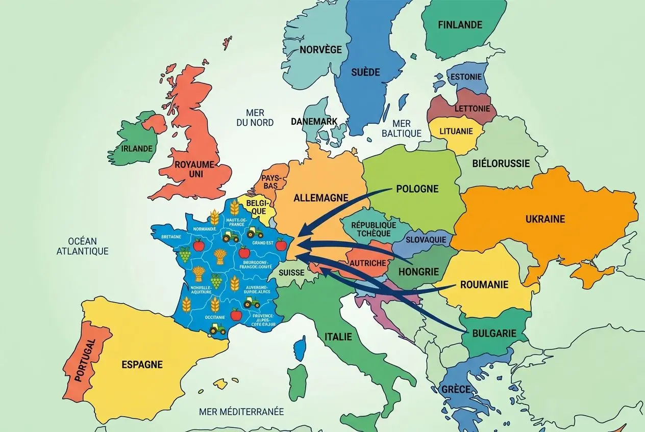 Carte de l’Europe montrant liaisons vers l’Allemagne et autres pays pour le travail saisonnier agricole france et la mobilité professionnelle.
