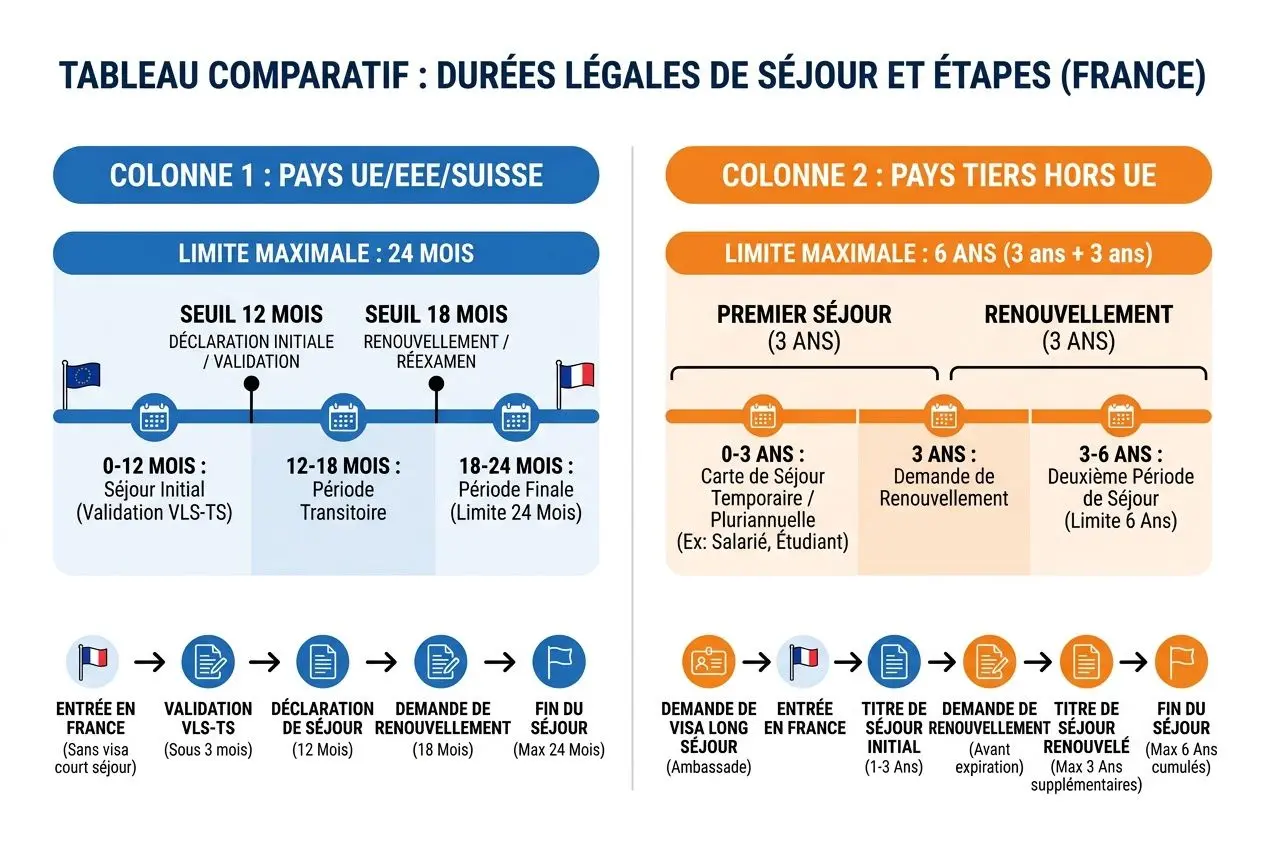Détachement salarié durée : schéma comparatif des durées légales de séjour et étapes en France, 24 mois maximum (UE/EEE/Suisse) et 6 ans pour les pays tiers hors UE, avec les étapes du processus et les conditions.