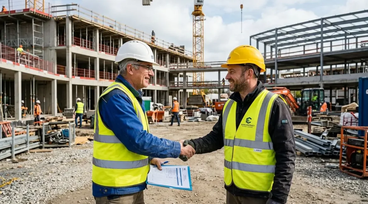 Deux travailleurs s’échangent une poignée de main sur un chantier, l’un en casque blanc et gilet jaune, l’autre en casque jaune et gilet jaune, sous construction en arrière-plan. intégrer le sujet: "comment embaucher travailleurs étrangers" aboutit à l’image liée à l’emploi et procédures en France.
