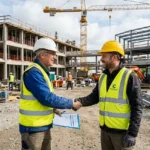 Deux travailleurs s’échangent une poignée de main sur un chantier, l’un en casque blanc et gilet jaune, l’autre en casque jaune et gilet jaune, sous construction en arrière-plan. intégrer le sujet: "comment embaucher travailleurs étrangers" aboutit à l’image liée à l’emploi et procédures en France.