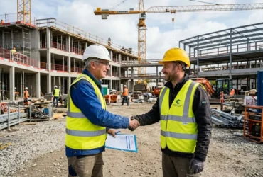 Deux travailleurs s’échangent une poignée de main sur un chantier, l’un en casque blanc et gilet jaune, l’autre en casque jaune et gilet jaune, sous construction en arrière-plan. intégrer le sujet: "comment embaucher travailleurs étrangers" aboutit à l’image liée à l’emploi et procédures en France.