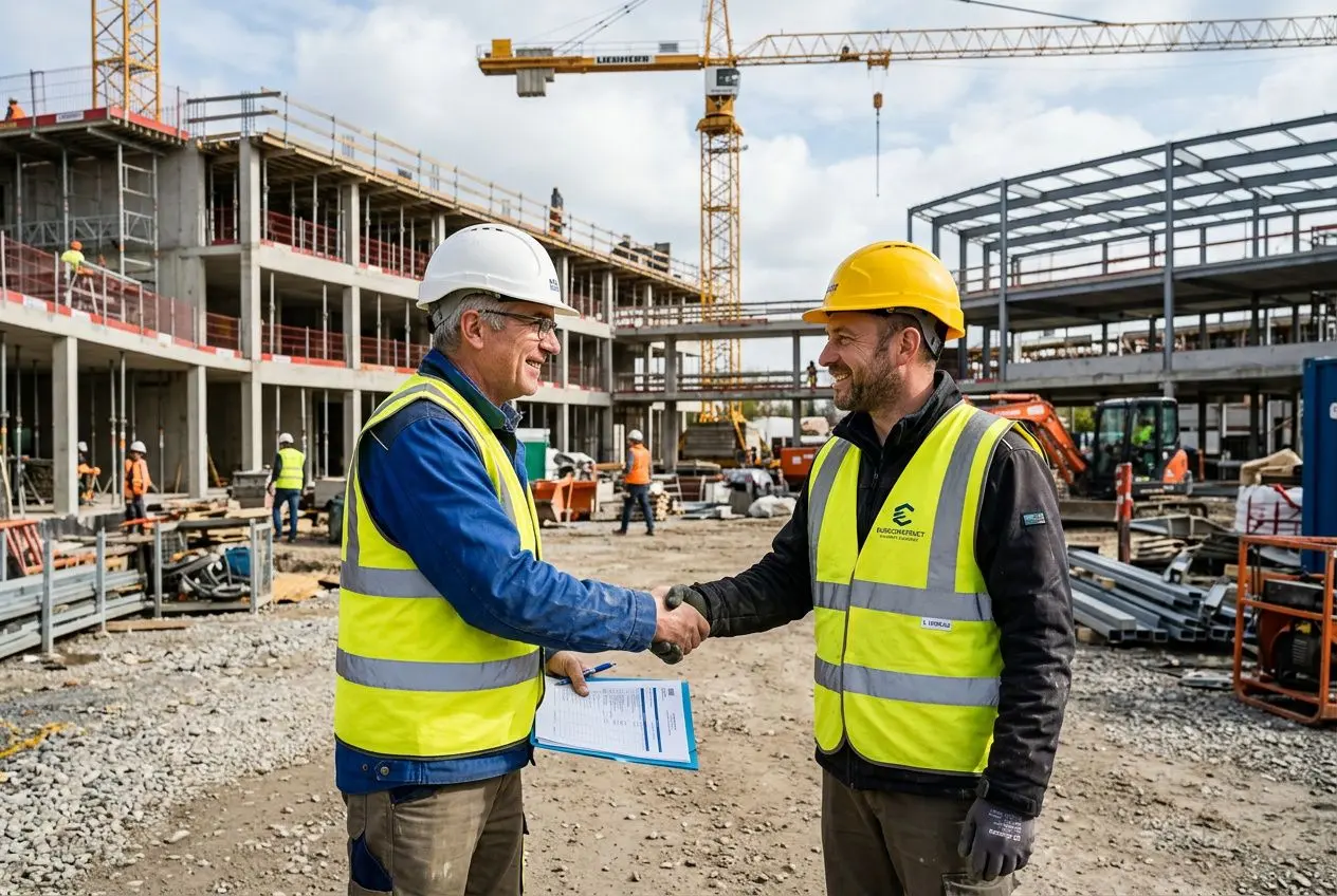 Deux travailleurs s’échangent une poignée de main sur un chantier, l’un en casque blanc et gilet jaune, l’autre en casque jaune et gilet jaune, sous construction en arrière-plan. intégrer le sujet: "comment embaucher travailleurs étrangers" aboutit à l’image liée à l’emploi et procédures en France.