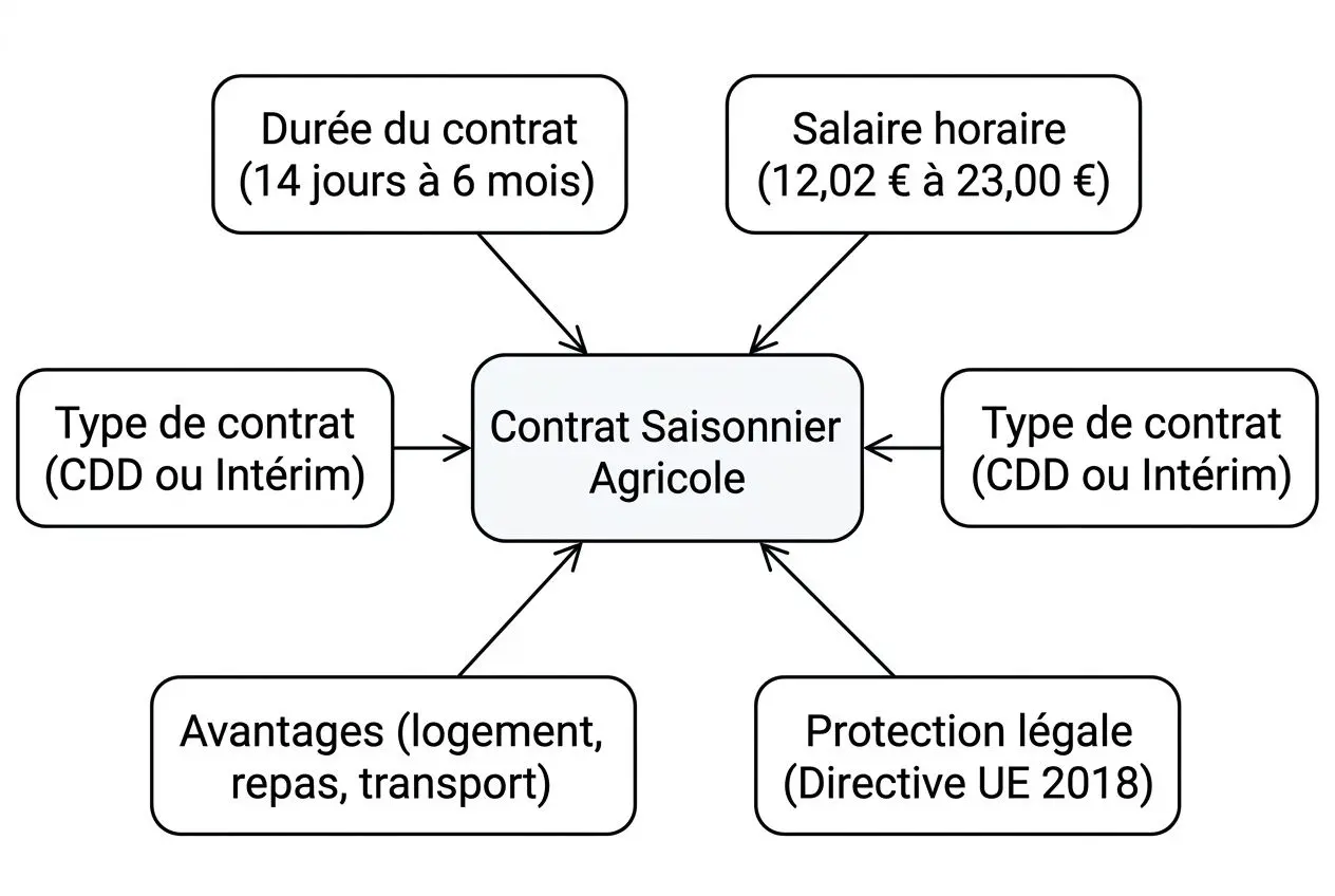 Diagramme montrant les éléments d’un contrat saisonnier agricole: type de contrat, durée, salaire, avantages, protection légale, avec flèches reliant au contrat. Inclut le terme travail saisonnier agricole france intégré de manière naturelle.