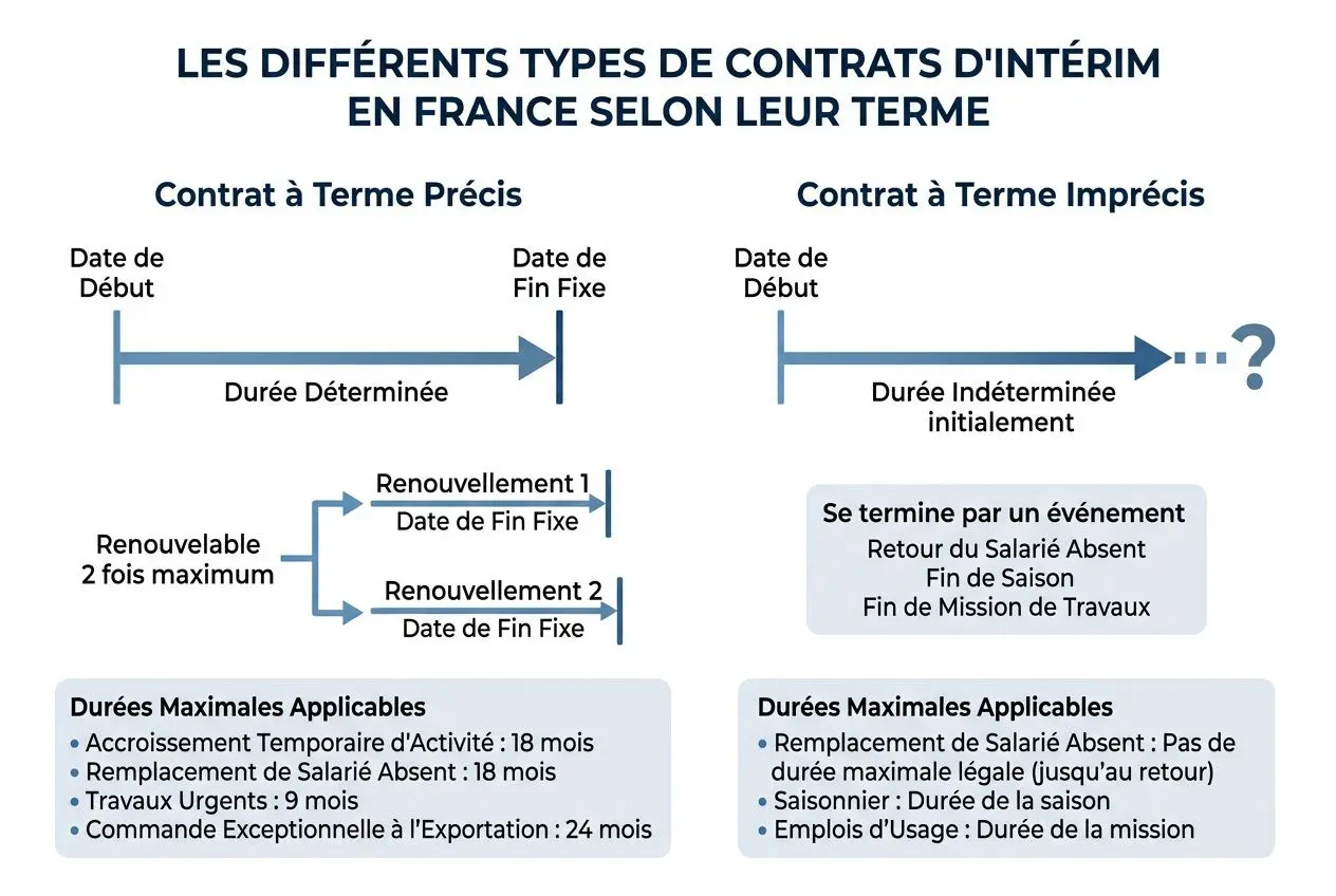 Diagramme des types de contrats d’intérim selon leur terme avec durées et renouvellements possibles. Mention du mot-clé: durée maximale d'un contrat de travail temporaire.