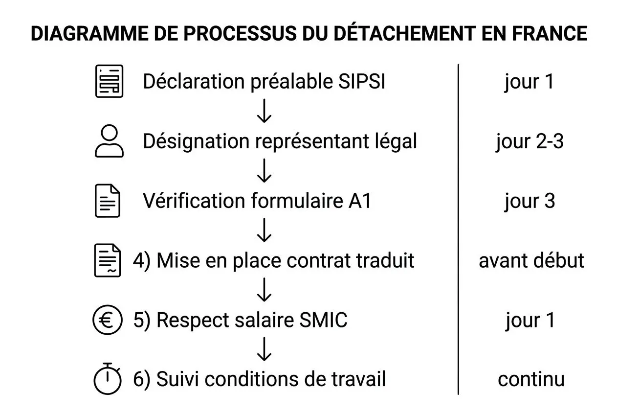 Directive travailleurs détachés : schéma processuel en France avec étapes et délais (pré‑déclaration, représentant légal, formulaire A1, contrat traduit, salaire SMIC, suivi des conditions de travail)