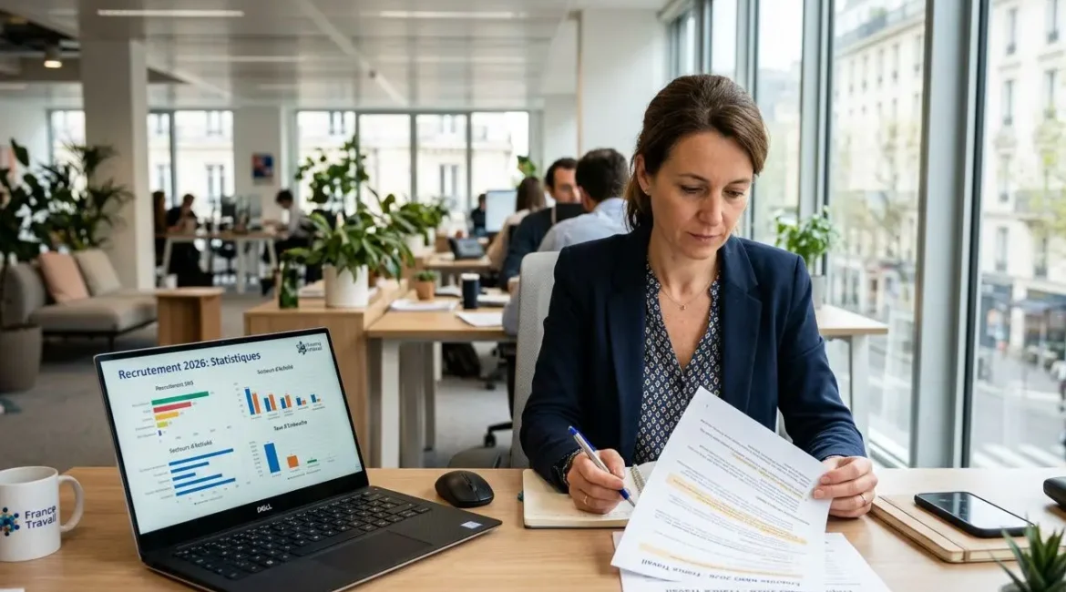 Femme en bureau lisant et signant des documents, ordinateur affichant des graphiques de recrutement 2026, ambiance travail, slogan besoin en main-d'œuvre france travail.