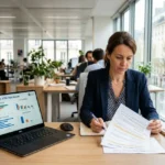 Femme en bureau lisant et signant des documents, ordinateur affichant des graphiques de recrutement 2026, ambiance travail, slogan besoin en main-d'œuvre france travail.