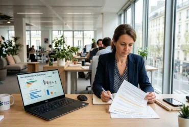 Femme en bureau lisant et signant des documents, ordinateur affichant des graphiques de recrutement 2026, ambiance travail, slogan besoin en main-d'œuvre france travail.