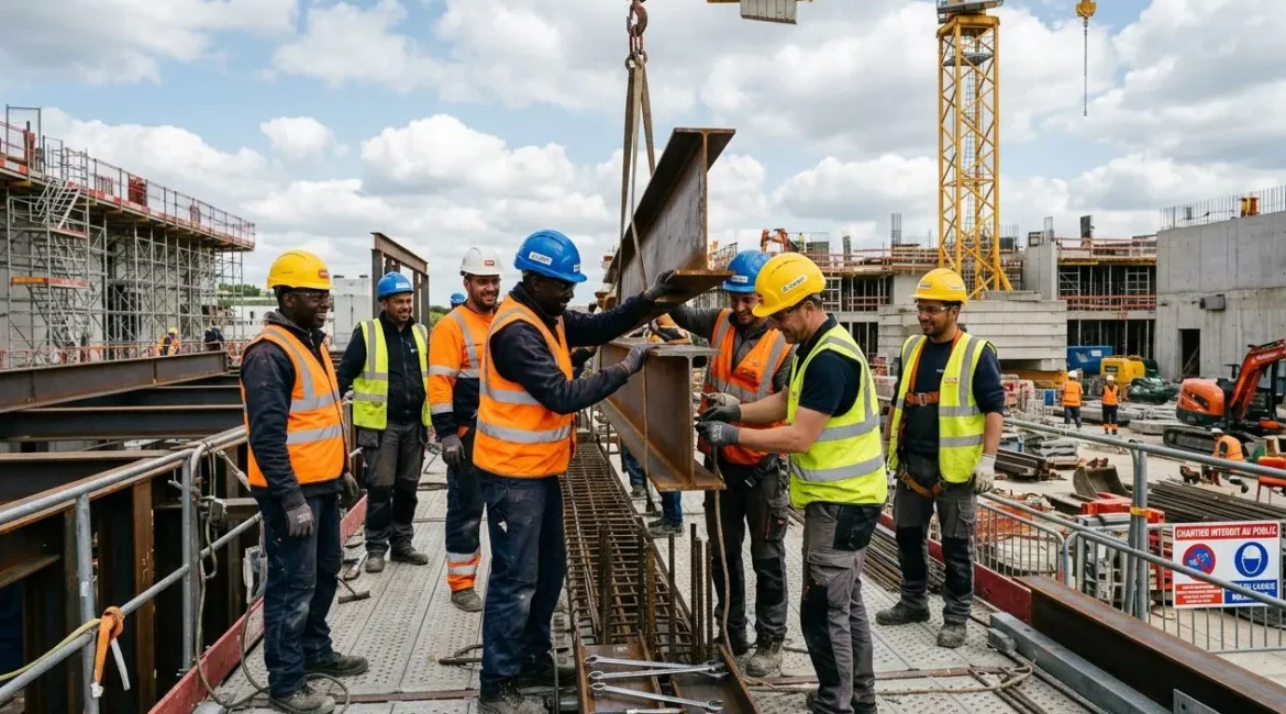Groupe d’ouvriers sur un chantier de construction, casques et gilets de sécurité, manipulant une pièce d’acier lourde au milieu des structures et d’une grue. Directive travailleurs détachés intégrée naturellement.