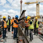 Groupe d’ouvriers sur un chantier de construction, casques et gilets de sécurité, manipulant une pièce d’acier lourde au milieu des structures et d’une grue. Directive travailleurs détachés intégrée naturellement.