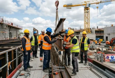 Groupe d’ouvriers sur un chantier de construction, casques et gilets de sécurité, manipulant une pièce d’acier lourde au milieu des structures et d’une grue. Directive travailleurs détachés intégrée naturellement.