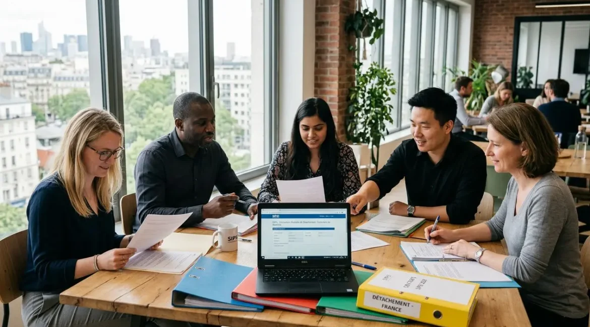 Groupe de professionnels autour d'une table, discutant et consultant des documents avec un ordinateur portable, dans un bureau lumineux. Détachement salarié durée au centre des échanges.