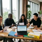 Groupe de professionnels autour d'une table, discutant et consultant des documents avec un ordinateur portable, dans un bureau lumineux. Détachement salarié durée au centre des échanges.