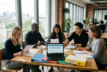 Groupe de professionnels autour d'une table, discutant et consultant des documents avec un ordinateur portable, dans un bureau lumineux. Détachement salarié durée au centre des échanges.
