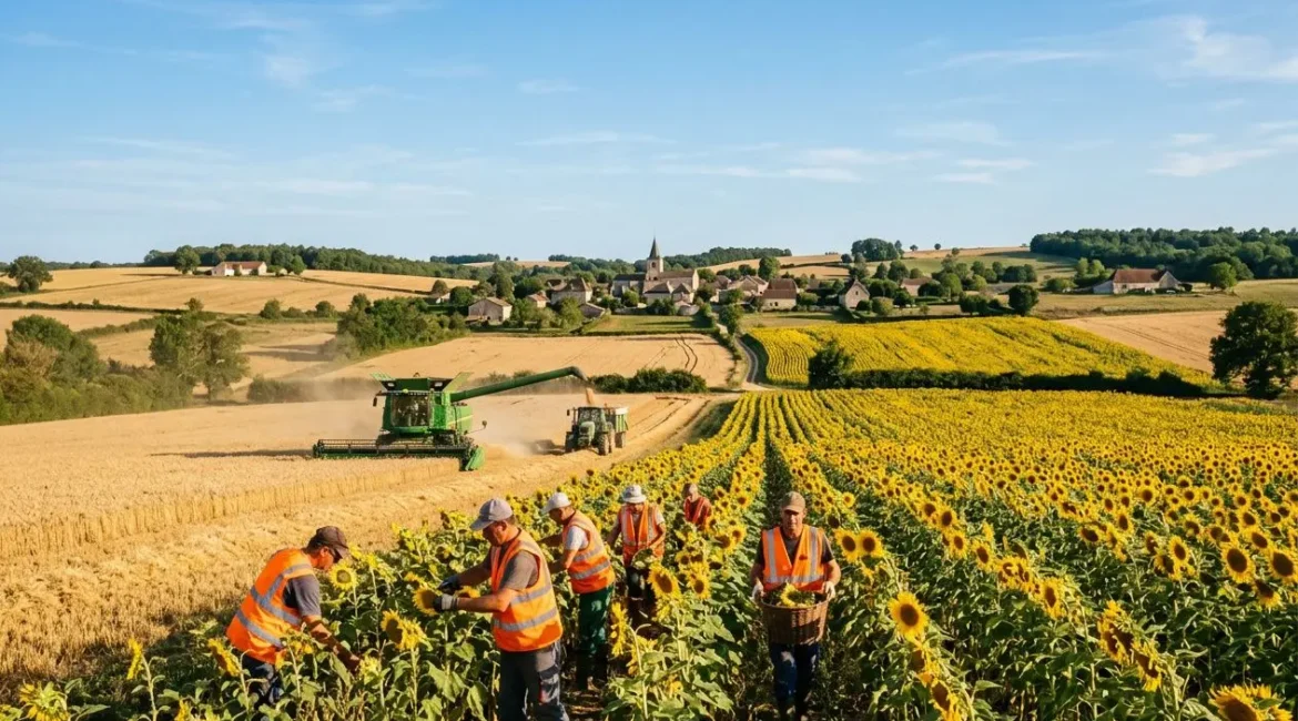 Groupe de travailleurs en gilet orange récoltant des tournesols dans un champ ensoleillé, avec machines agricoles et village au loin, travail saisonnier agricole france.