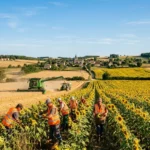Groupe de travailleurs en gilet orange récoltant des tournesols dans un champ ensoleillé, avec machines agricoles et village au loin, travail saisonnier agricole france.