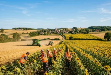 Groupe de travailleurs en gilet orange récoltant des tournesols dans un champ ensoleillé, avec machines agricoles et village au loin, travail saisonnier agricole france.